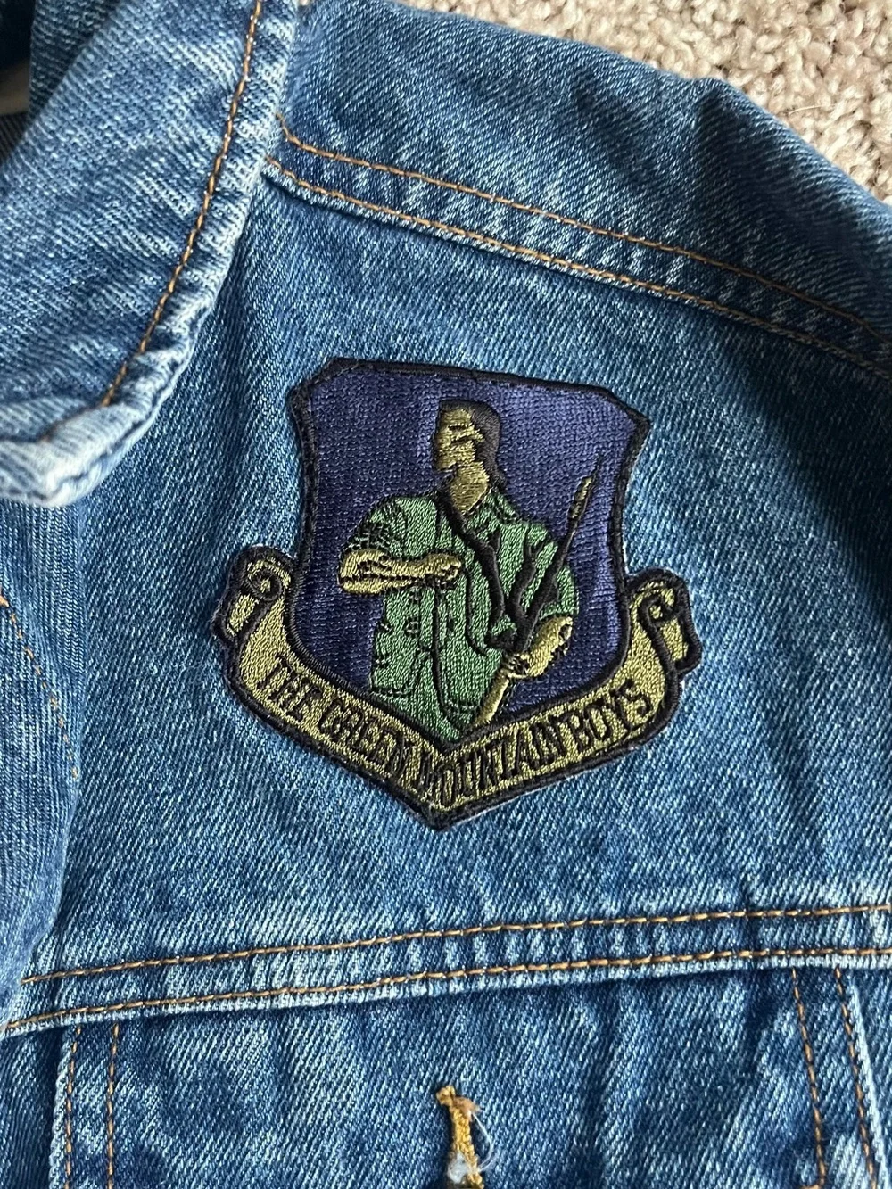 Men's Blue Denim Jacket with Embroidered Chest Patches